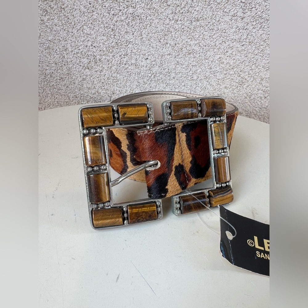 Leatherock glam belt leather leopard print buckle tiger eye stones Sz 36 NWT. - Picture 10 of 11